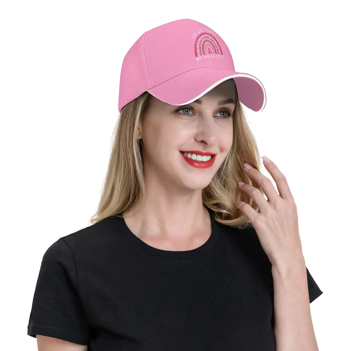 October We Wear Pink Rainbow Breast Cancer Awareness Ribbon Sandwich Cap Baseball Cap  Hat Adjustable Snapback Caps Hat Caps