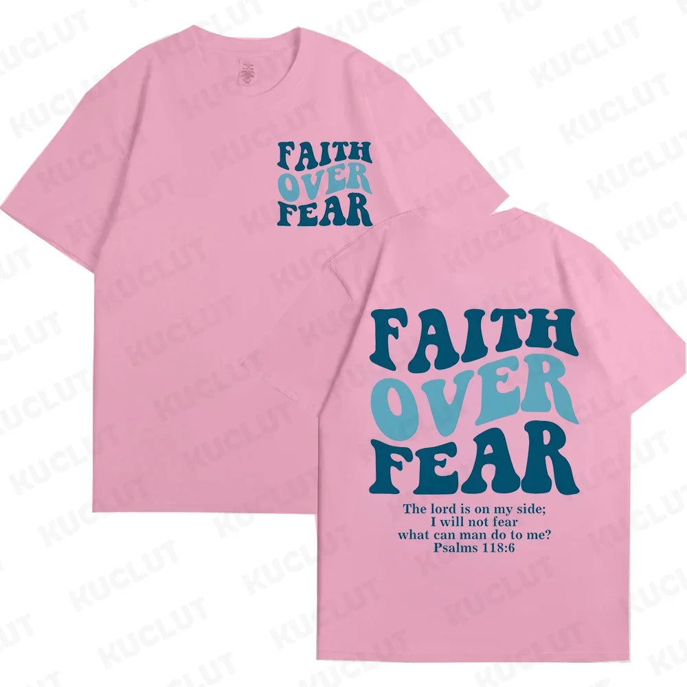 the FAITH OVER FEAR - Christian Women T-Shirts, Christian Clothes, Jesus Fashion Trendy T-Shirts Bible Verse Sportwear Aesthetic Clothes