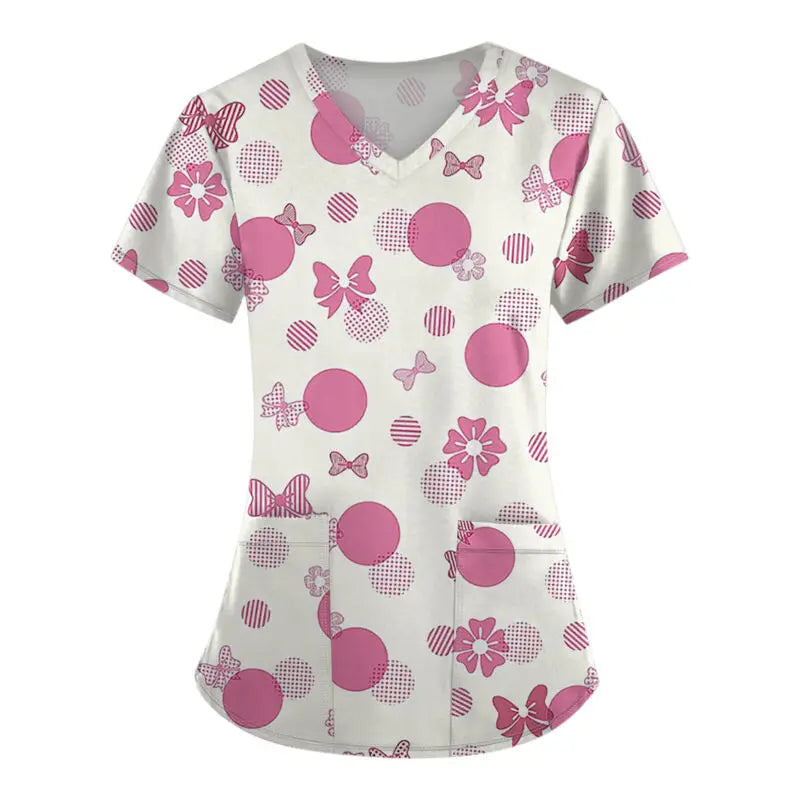 Surgical Uniforms Woman Pink Ribbon Print Heal Nurse Tops V-Neck Short Sleeve Patch Pocket Cancer Fighter Clinical Uniform Woman