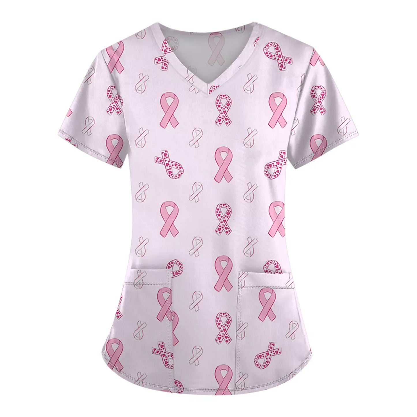 Surgical Uniforms Woman Pink Ribbon Print Heal Nurse Tops V-Neck Short Sleeve Patch Pocket Cancer Fighter Clinical Uniform Woman