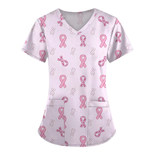 Surgical Uniforms Woman Pink Ribbon Print Heal Nurse Tops V-Neck Short Sleeve Patch Pocket Cancer Fighter Clinical Uniform Woman