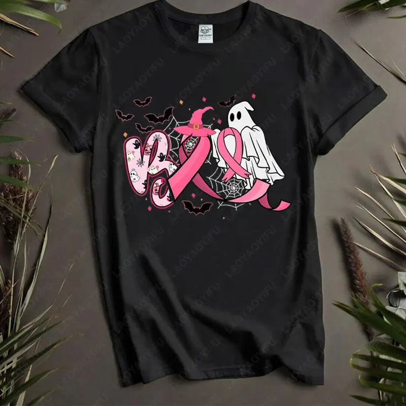 Boo Halloween Pumpkin Ghost Tee Men Women Cotton Tops in October We Wear Pink Ribbon Witch Roupas Breast Cancer Awareness Tshirt