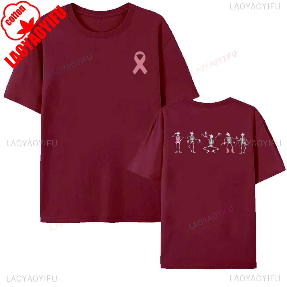 Breast Cancer Awareness Pink Ribbon Skeleton T-Shirt Halloween Gift Dancing Bones Shirt Women Men Unisex Comfortable Cotton Tee