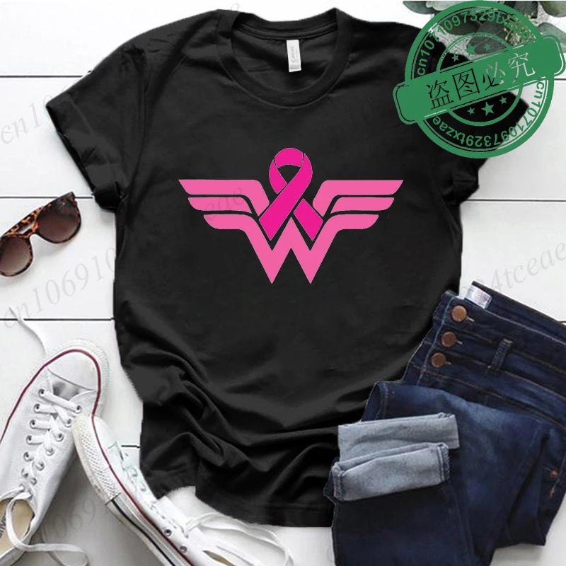 Summer Y2k Women T-shirt Cancer Ribbon Wonder Printed Female Clothing Short Sleeve Breast Cancer Awareness Tops Fighter Tees