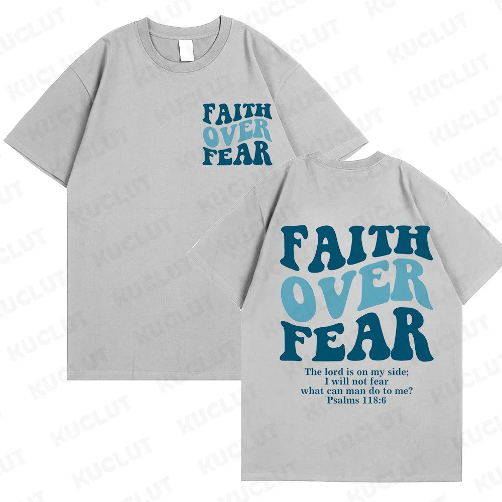 the FAITH OVER FEAR - Christian Women T-Shirts, Christian Clothes, Jesus Fashion Trendy T-Shirts Bible Verse Sportwear Aesthetic Clothes