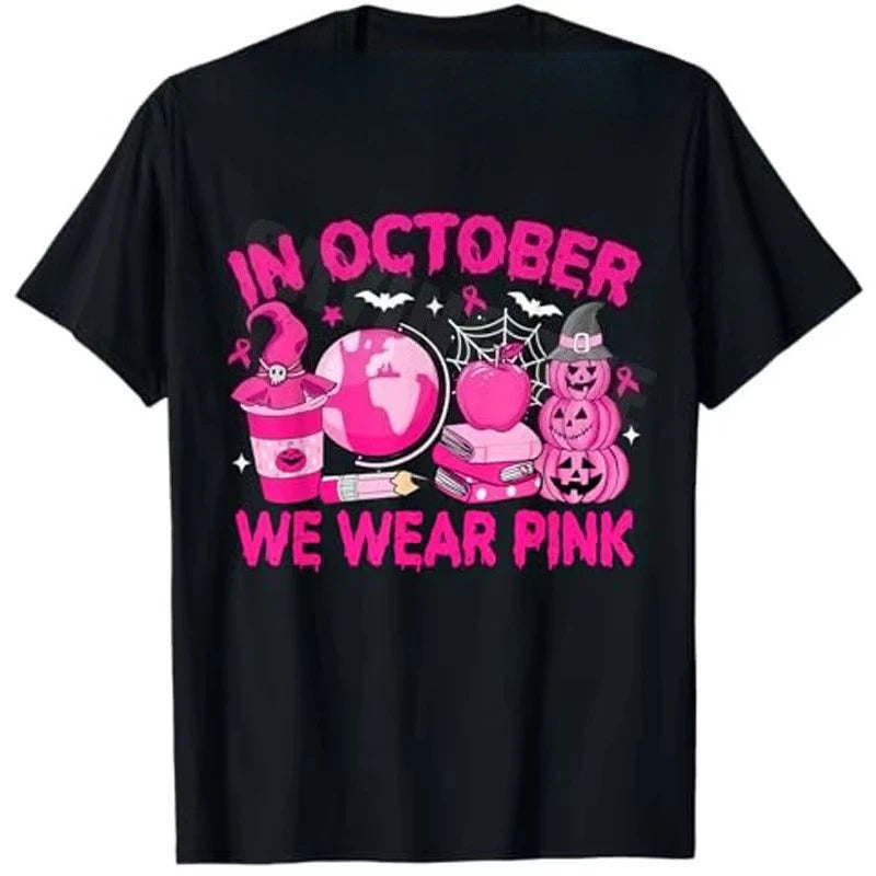 In October We Wear Pink Breast Cancer Awareness T-Shirt  Saying Tee Pink Ribbon Ghost Halloween Costume Gift