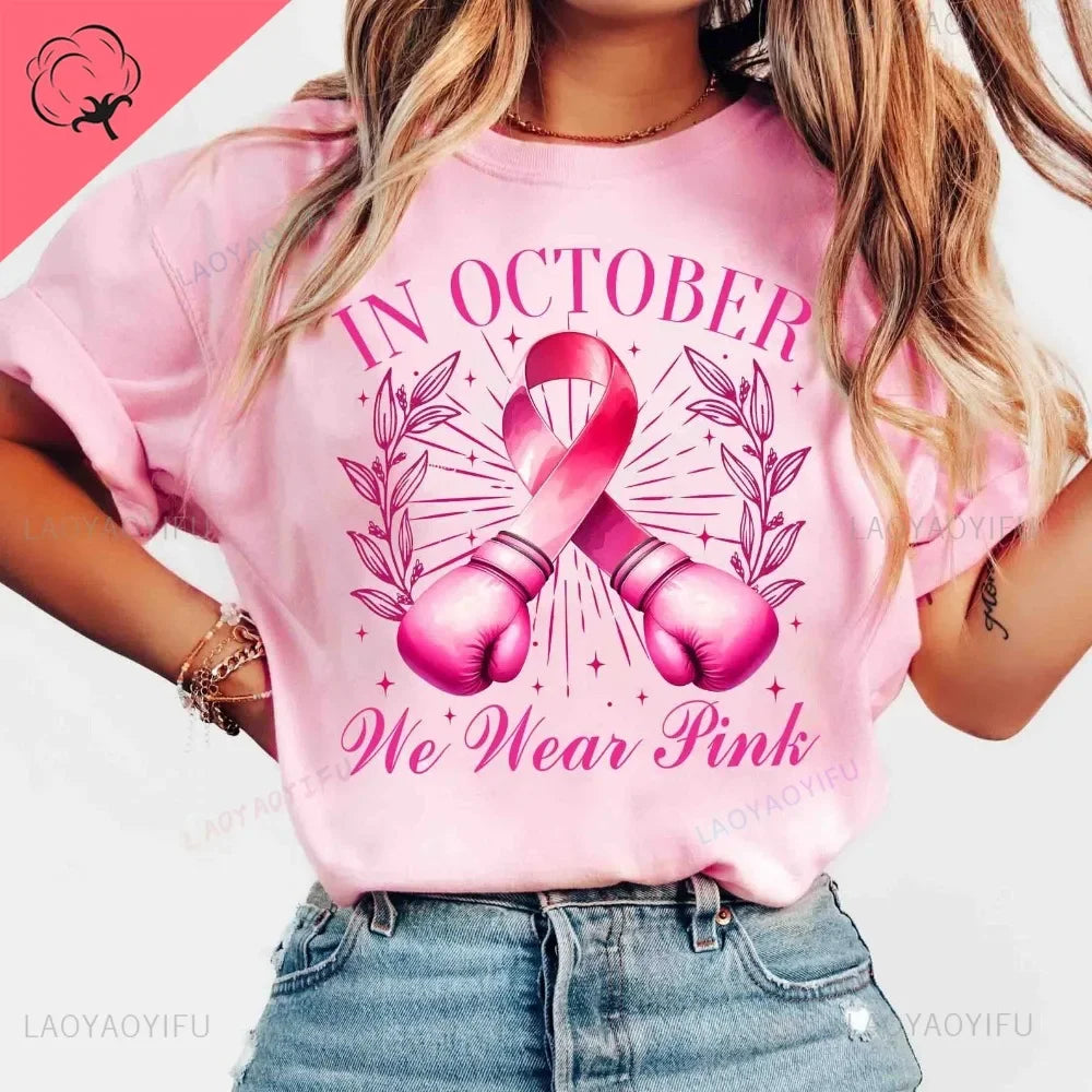 Breast Cancer Awareness Fight Print T Shirt in October We Wear Pink Awareness Ribbon Aesthetic Clothes Pink and White Tops Shirt