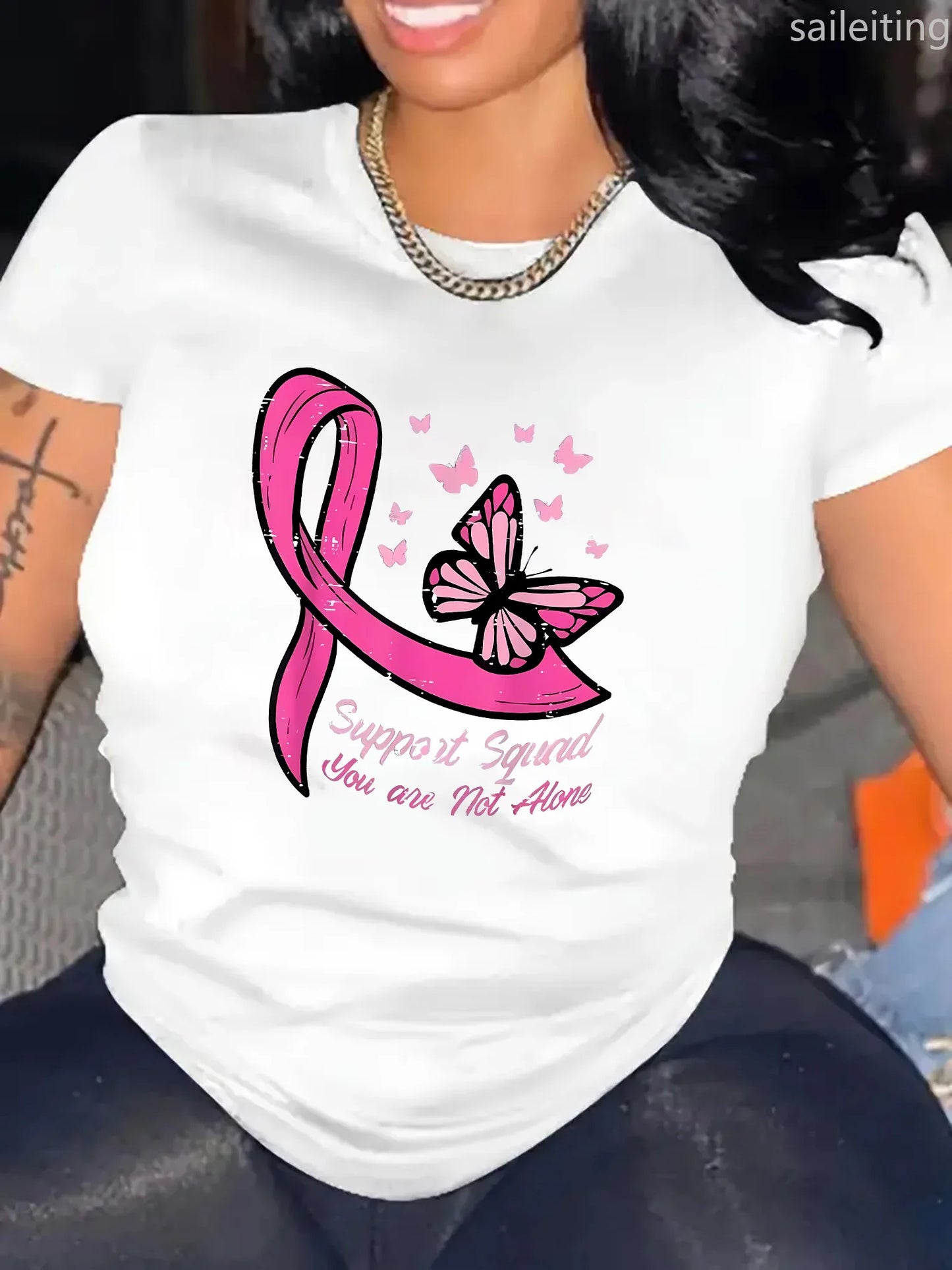 Women's Casual Sports TShirt Round Neck Sleeve Pink Butterfly Breast Cancer Awareness Print Comfortable Summer Aesthetic Clothes