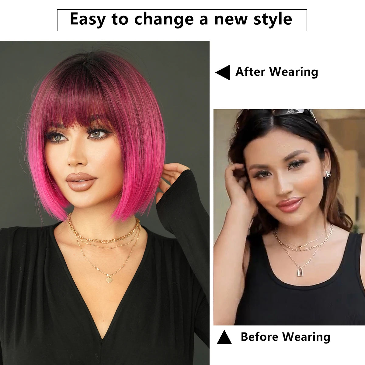 the NAOMI - Rose Pink Short Wig for Women, Daily Party Overhead Dyeing Black Natural Synthetic Lavender Heat Resistant Straight Wigs