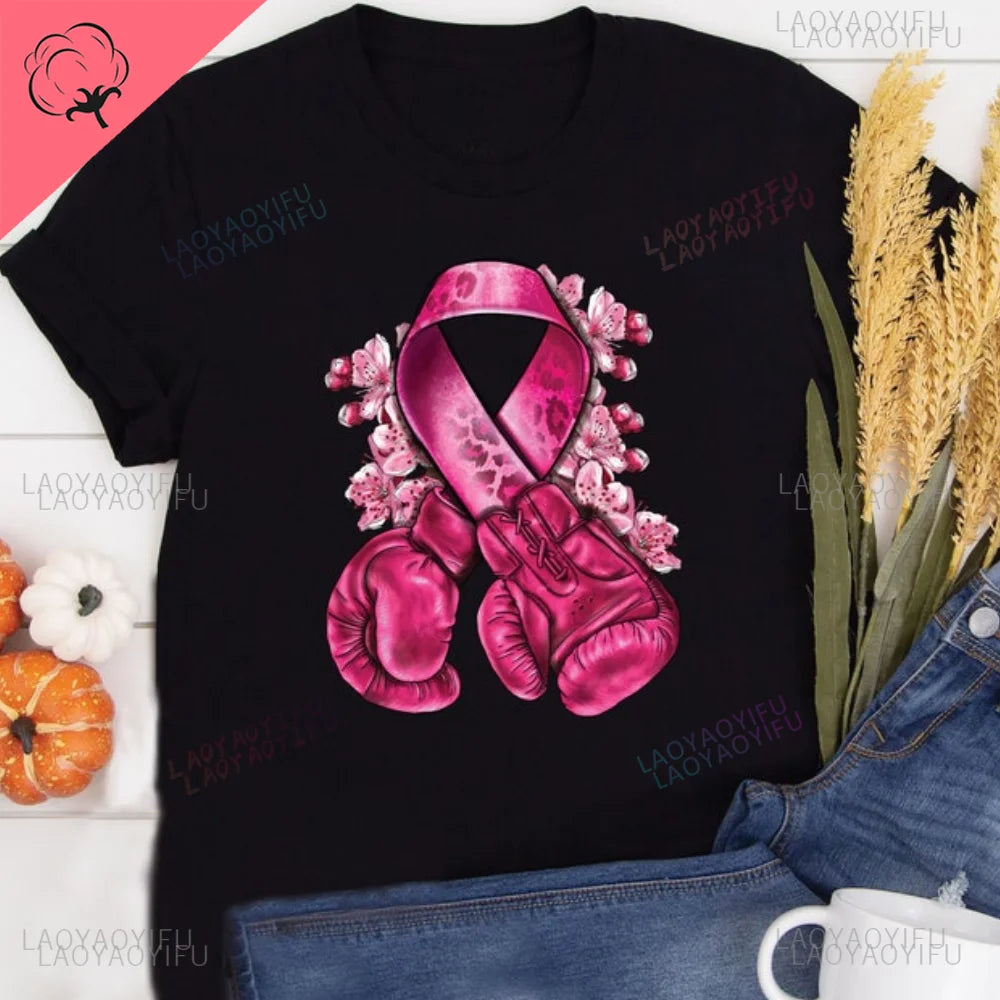 Caring for Women Breast Cancer T-shirt October Pink Ribbon Breast Cancer Awareness Themed Printed Tee Gift for Moms Daughters