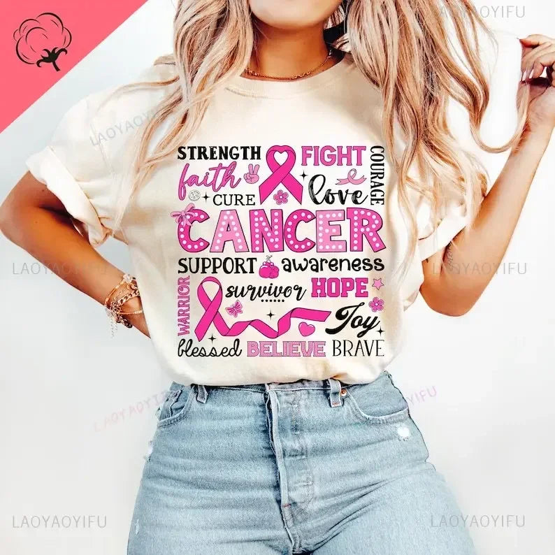 Breast Cancer Awareness Fight Print T Shirt in October We Wear Pink Awareness Ribbon Aesthetic Clothes Pink and White Tops Shirt