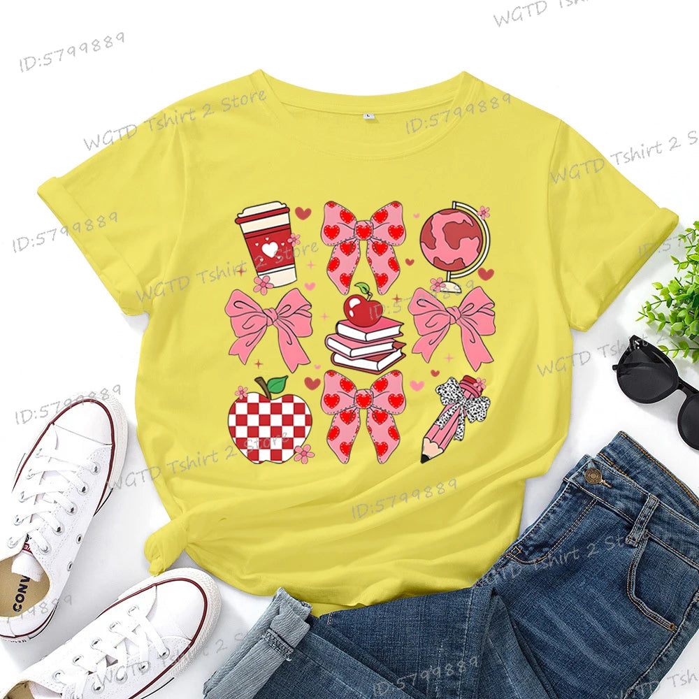 Teacher's Day Graphic Print T-Shirt Teacher Gifts Pink Bows Coquette Crewneck Clothing Back To School Shirt Cute Teacher Tees