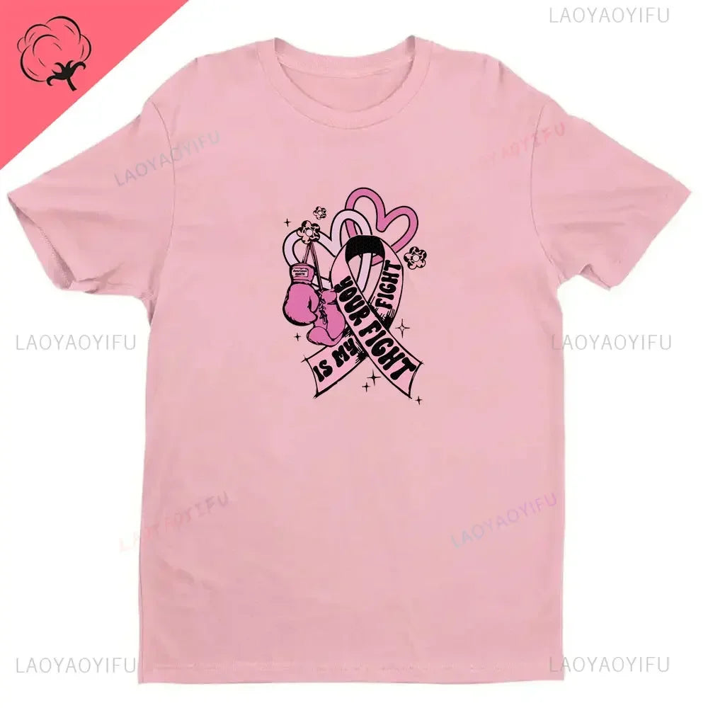 Breast Cancer Awareness Fight Print T Shirt in October We Wear Pink Awareness Ribbon Aesthetic Clothes Pink and White Tops Shirt