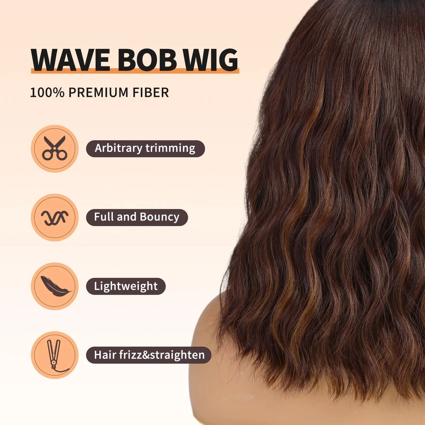 the WAVE BOB - Short Brown Highlight Wigs with Bangs, Natural Wavy Hair Wigs for Women, Heat Resistant Synthetic Bob Wig Shoulder Length