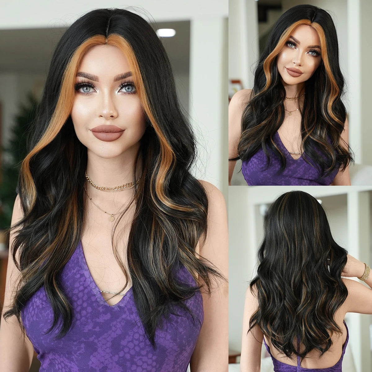 the GODDESS - Long Wavy Grey Purple Wig for Women, Cosplay Daily Party Overhead Dyeing Wavy Synthetic Heat-Resistant Wigs