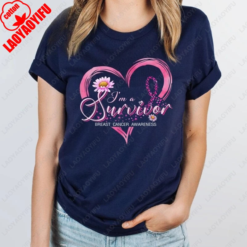 Fashion Breast Cancer Cotton Shirt Pink Breast Cancer Awareness T-Shirt Supporter Crew Tees Retro Cotton Woman Short-sleeve Tops