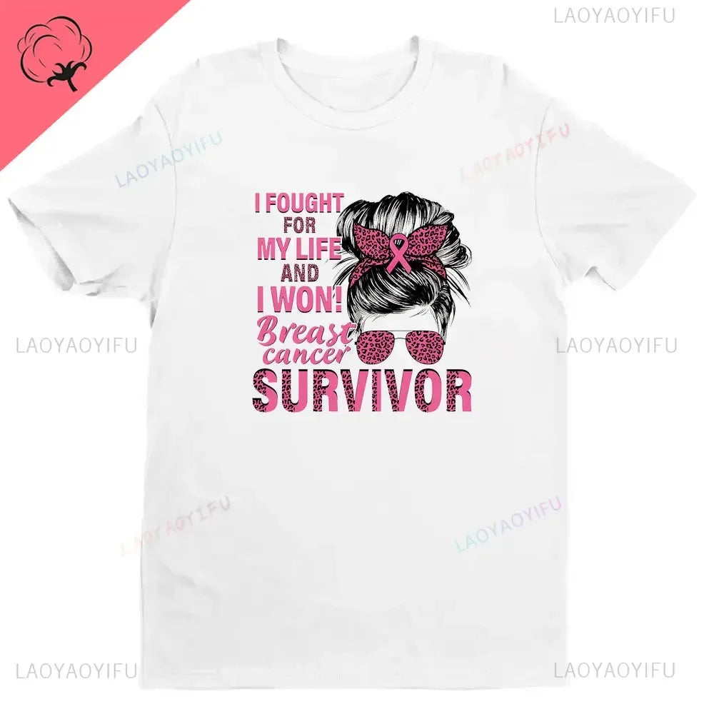 Breast Cancer Awareness Fight Print T Shirt in October We Wear Pink Awareness Ribbon Aesthetic Clothes Pink and White Tops Shirt