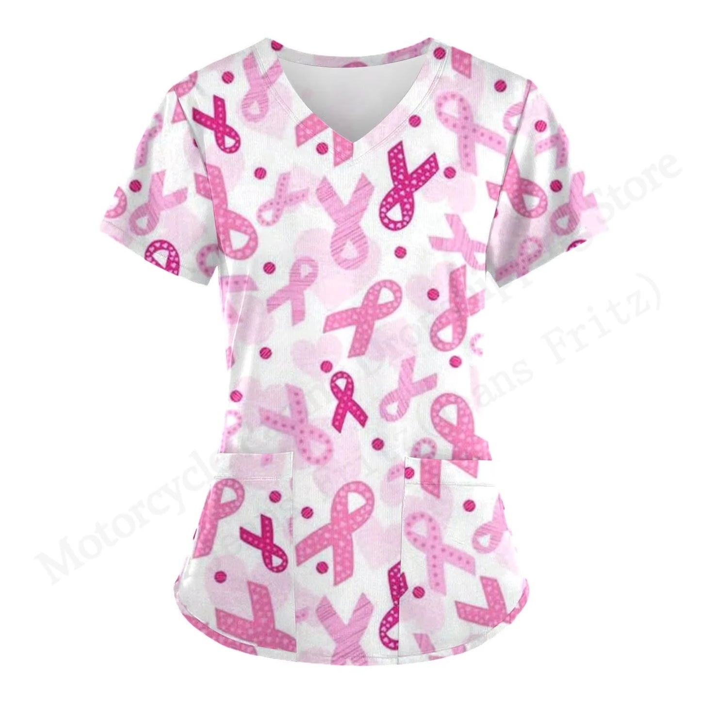 Love Nurse Uniform Scrubs Medical Uniform Pink Ribbon 3D Print V-Neck Pocket Short Sleeve Medical Uniforms Working Clothes New