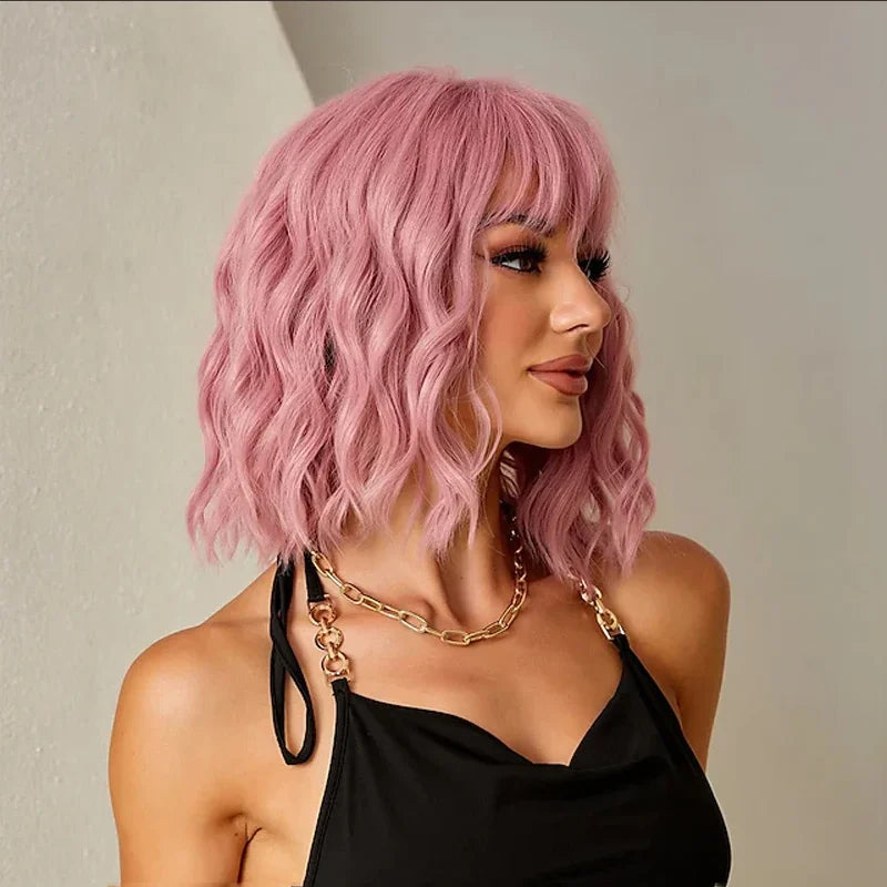 the POP STAR - Synthetic Hair Women Pink Bob Wigs, Short Curly Heat Resistant Party Wig