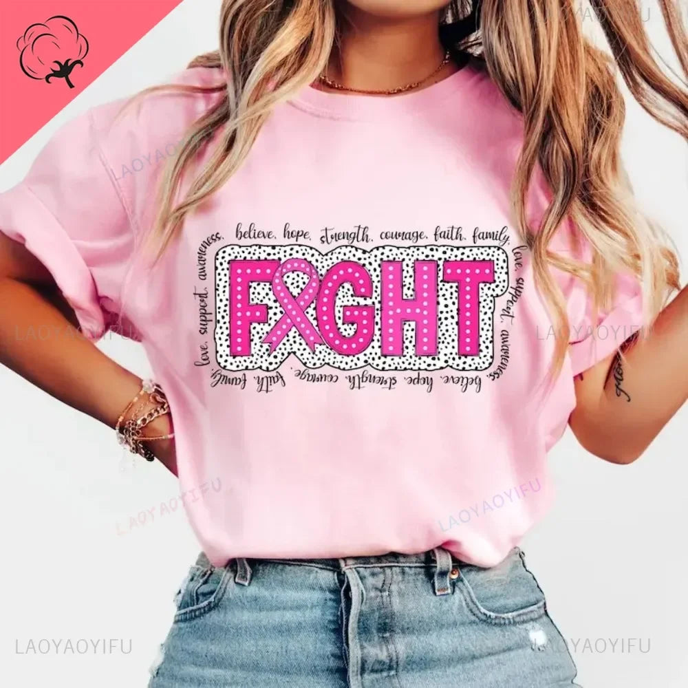 Breast Cancer Awareness Fight Print T Shirt in October We Wear Pink Awareness Ribbon Aesthetic Clothes Pink and White Tops Shirt