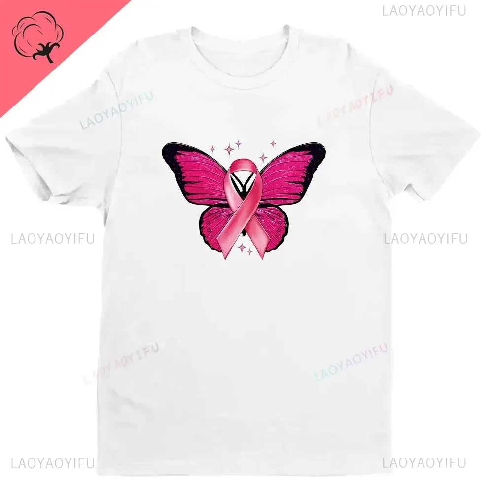 Breast Cancer Awareness Fight Print T Shirt in October We Wear Pink Awareness Ribbon Aesthetic Clothes Pink and White Tops Shirt