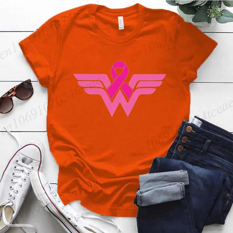 Summer Y2k Women T-shirt Cancer Ribbon Wonder Printed Female Clothing Short Sleeve Breast Cancer Awareness Tops Fighter Tees