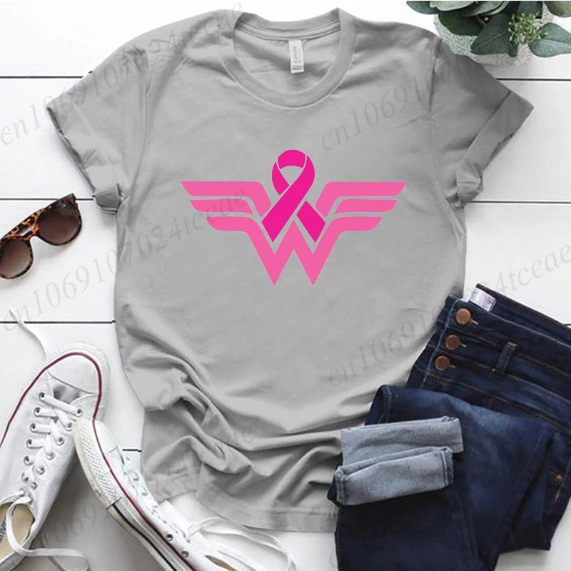 Summer Y2k Women T-shirt Cancer Ribbon Wonder Printed Female Clothing Short Sleeve Breast Cancer Awareness Tops Fighter Tees
