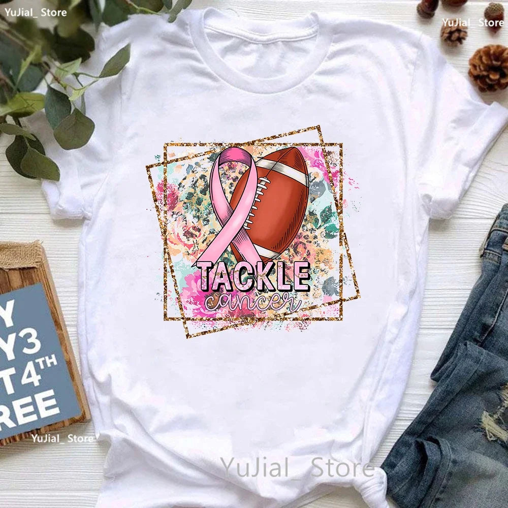 Breast Cancer Awareness Print T Shirt Women Pink High Shoes Tshirt Femme Summer Short Sleeve T-Shirt Female Dropshipping