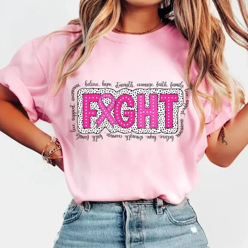 Breast Cancer Awareness Fight Print T Shirt in October We Wear Pink Awareness Ribbon Aesthetic Clothes Pink and White Tops Shirt