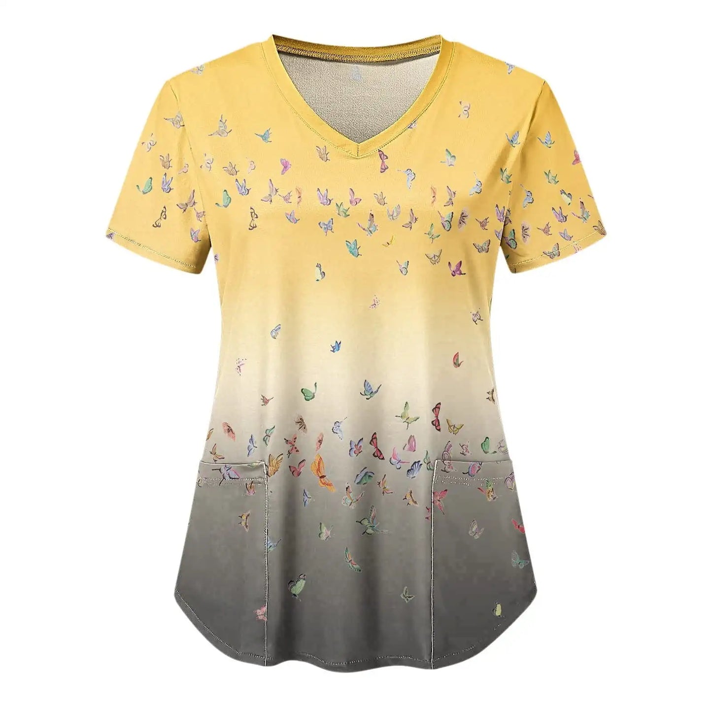 Scrub Medical Woman Elegant Butterfly Print Health Care Nursing V-Neck Short Sleeve Patch Pocket Tops Medical Uniform for Women