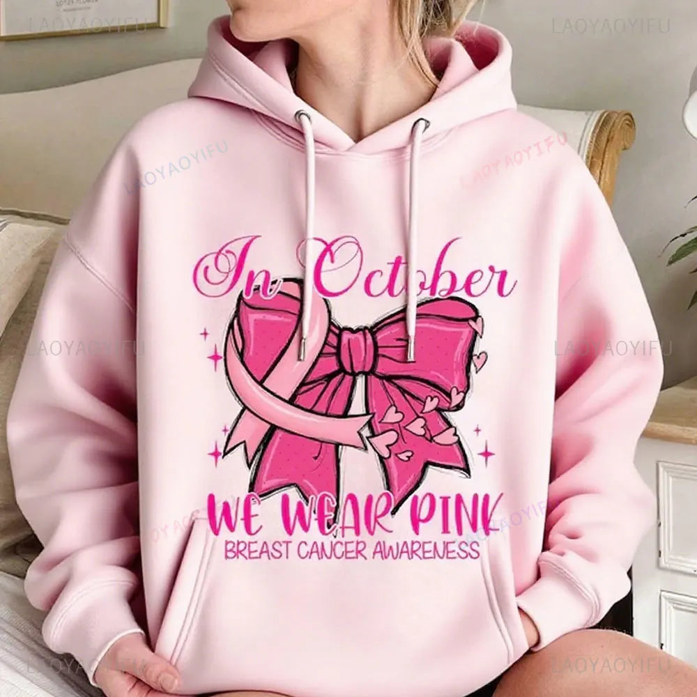 In October We Wear Pink Breast Cancer Awareness Sweatshirt Pink Coquette Bow Clothing Creative Design Women Casual Streetwear