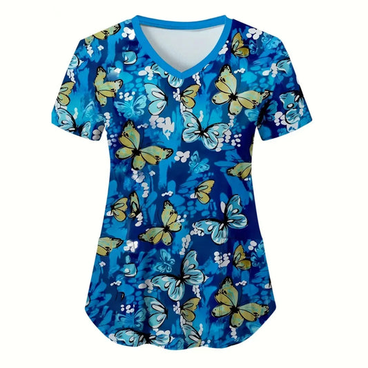 Scrub Medical Woman Elegant Butterfly Print Health Care Nursing V-Neck Short Sleeve Patch Pocket Tops Medical Uniform for Women