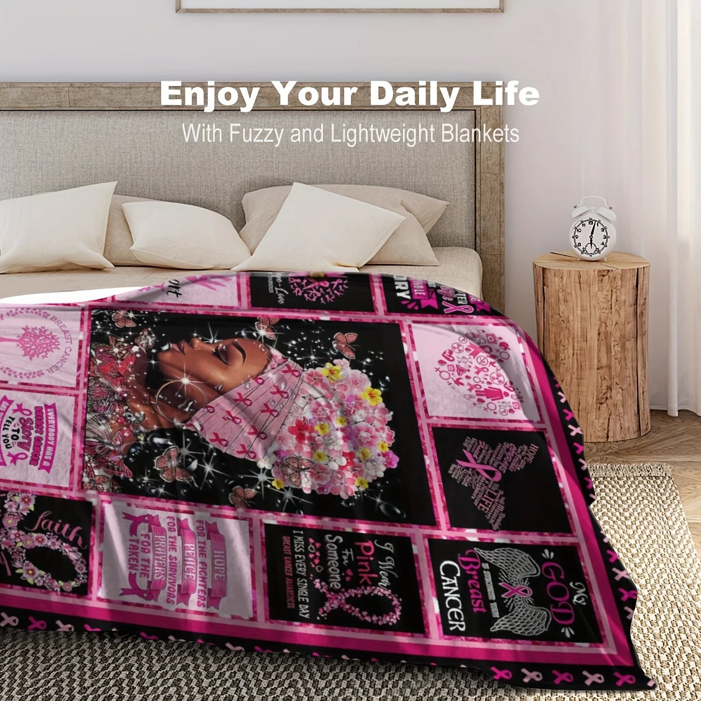 the WARRIOR WOMAN - Breast Cancer Awareness Throw Blanket, Ultra Soft Cozy Flannel Blanket for Bed, Sofa Living Room Perfect Gift for Women