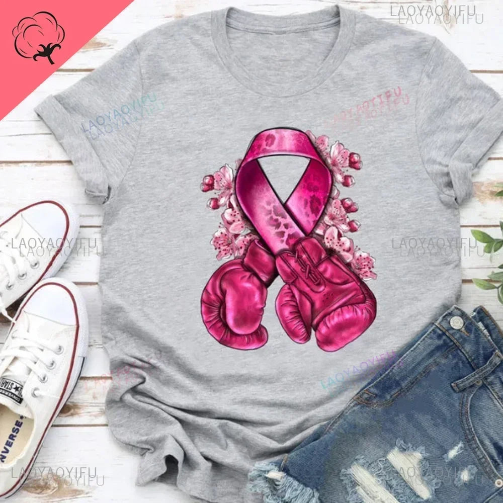 Caring for Women Breast Cancer T-shirt October Pink Ribbon Breast Cancer Awareness Themed Printed Tee Gift for Moms Daughters