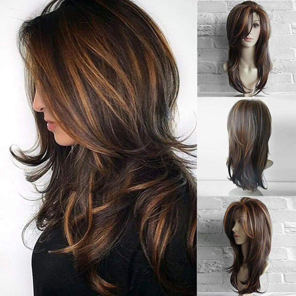 the MARIE - Fashion Brown Curly Long Wig, Faux Hair Women Cosplay Party Charming Hairpiece Straight Synthetic Wigs, Faux Hair with Bangs