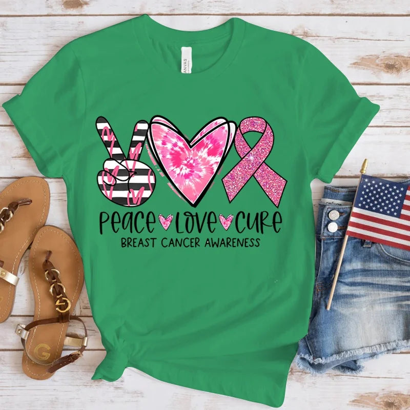 the PEACE LOVE CURE - Breast Cancer Awareness T-Shirt for Women