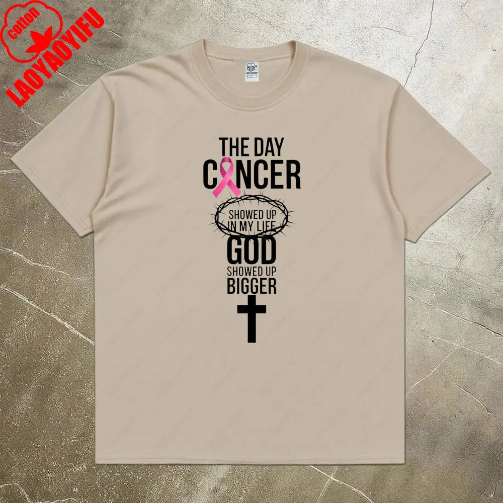 the GOD SHOWED UP - Breast Cancer Awareness Women Shirt, Breast Cancer Awareness God Showed Up Bigger Christian Quote T-Shirts Tops