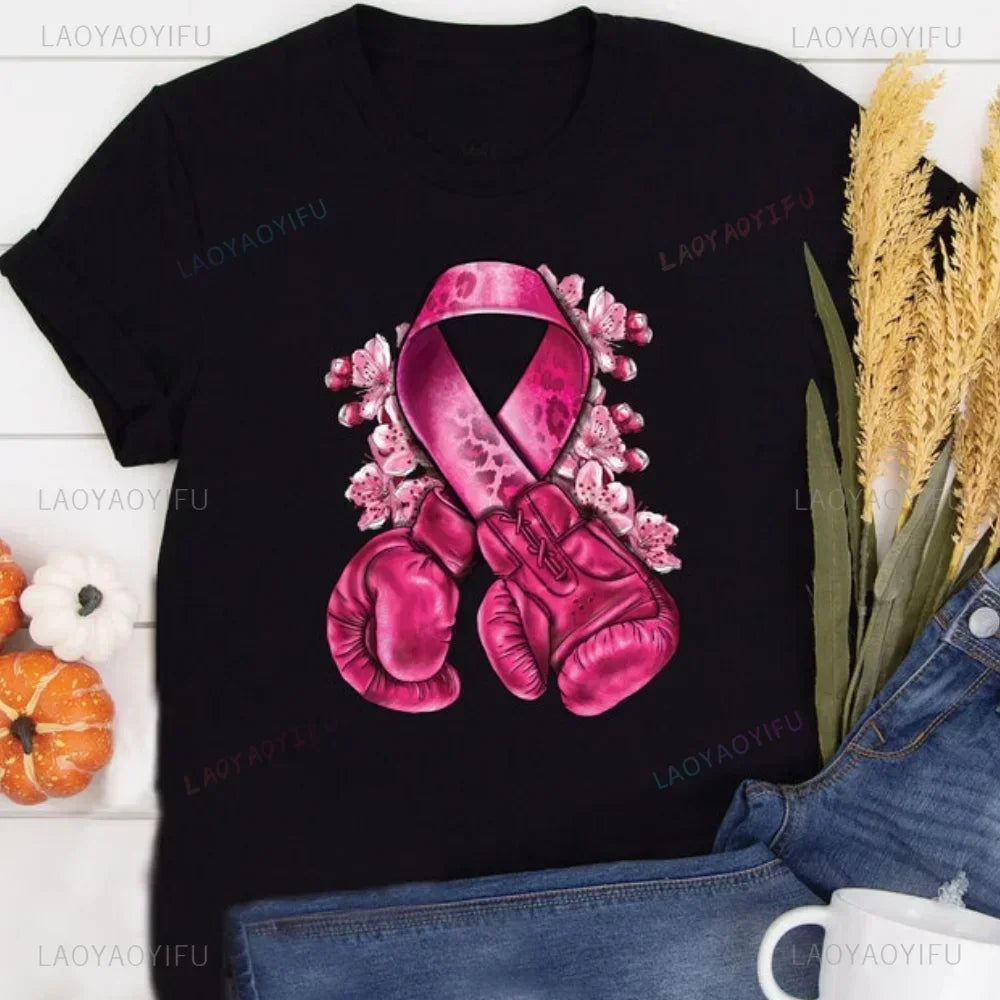 Caring for Women Breast Cancer T-shirt October Pink Ribbon Breast Cancer Awareness Themed Printed Tee Gift for Moms Daughters