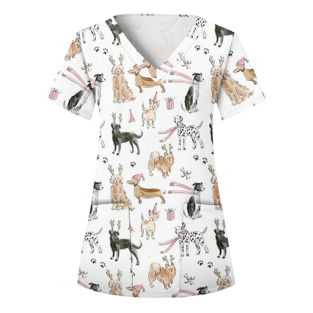 Wholesalers Clinical Uniform Woman Cat Cartoon Print Vet Nursing Tops V-Neck Short Sleeve with Pockets Tees Nurse Uniform Woman