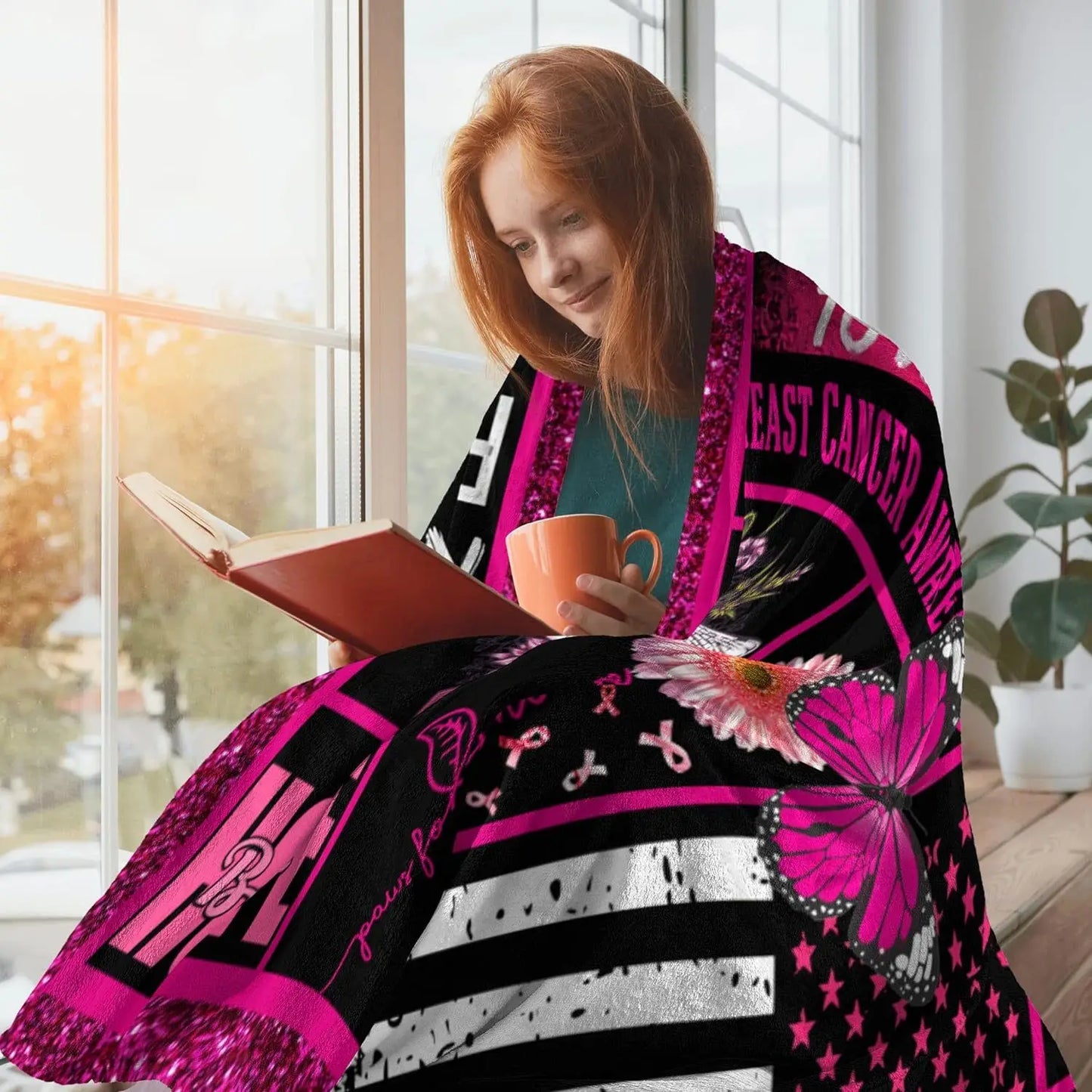 the SNUGGLER - Breast Cancer Blanket, Cancer Survivors for Women Breast Cancer, Pink Healing Blanket for Women Get Well Soon