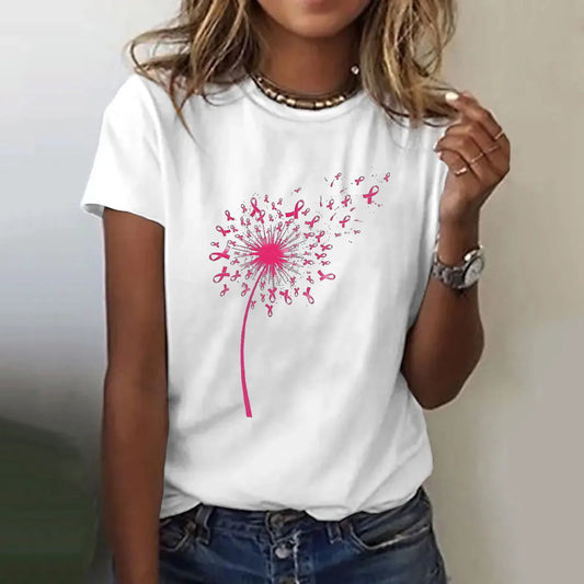 the RIBBON DANDELION - Pink Ribbon Dandelion Print Casual Tops for Women