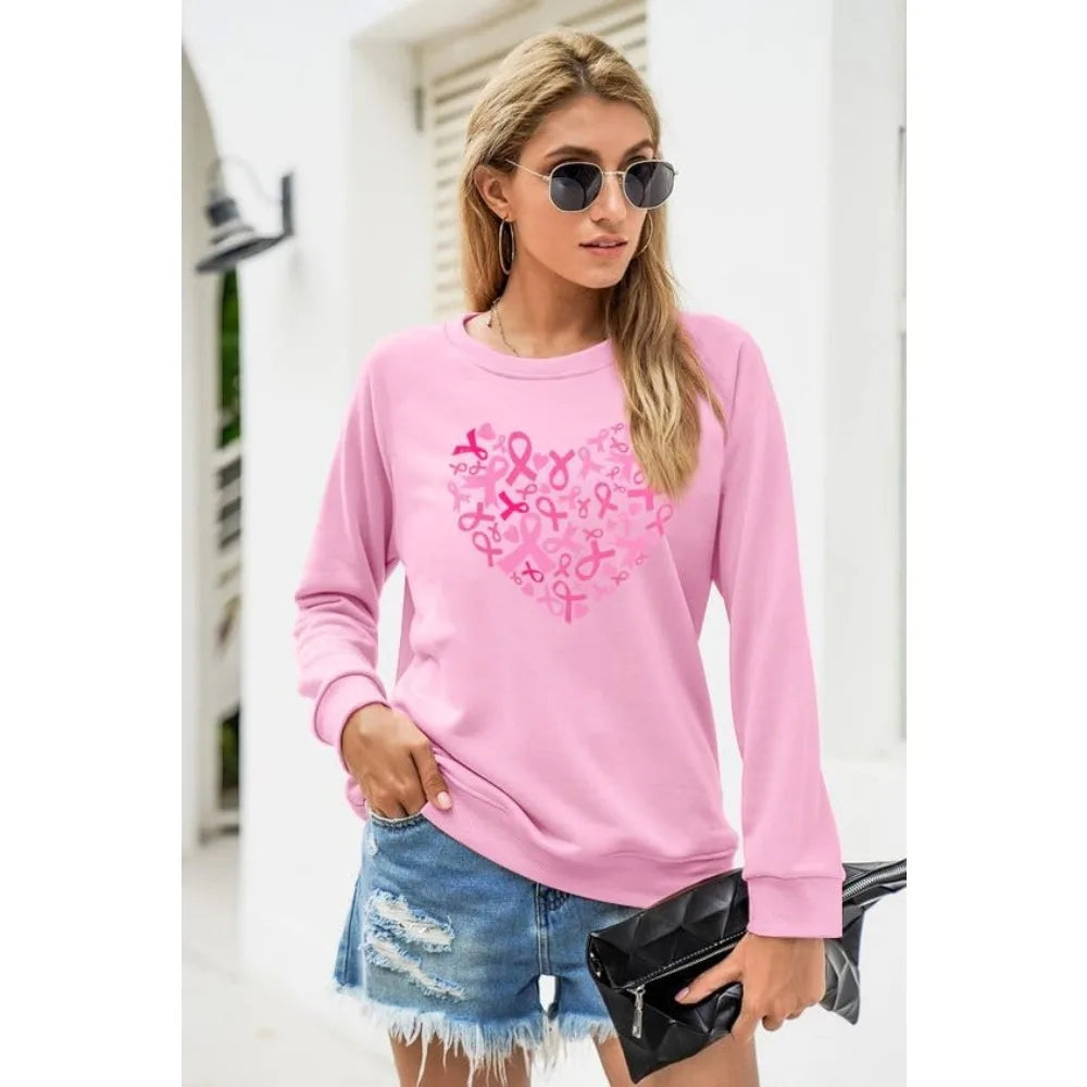 Breast Cancer Awareness Sweatshirt Women Pink Ribbon heart Graphic Shirt Casual Long Sleeve Pullover Blouse