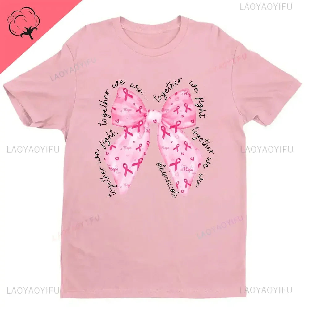 Breast Cancer Awareness Fight Print T Shirt in October We Wear Pink Awareness Ribbon Aesthetic Clothes Pink and White Tops Shirt