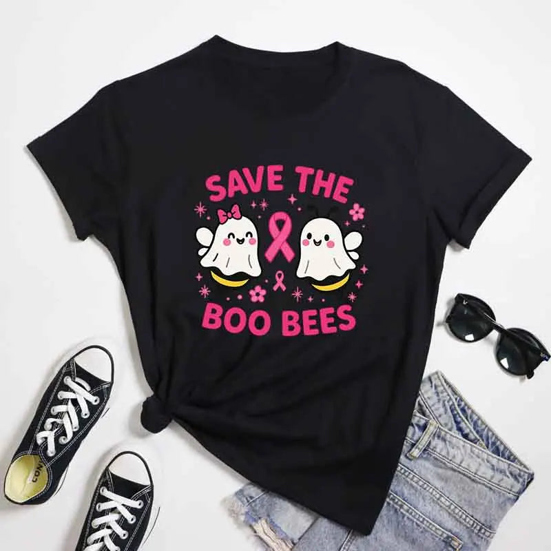 the SAVE THE BOO-BEES - Halloween "Save the Boo Bees" Tees, Funny Ghost Bee Breast Cancer Awareness T-Shirt, Cute Strong Women Pink Ribbon T-Shirt