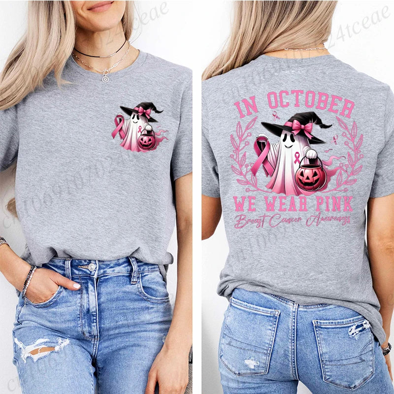 In October We Wear Pink Print Tshirt Women Fashion T Shirt Casual Summer Tee Shirts Breast Cancer Streetwear Short Sleeve Shirt