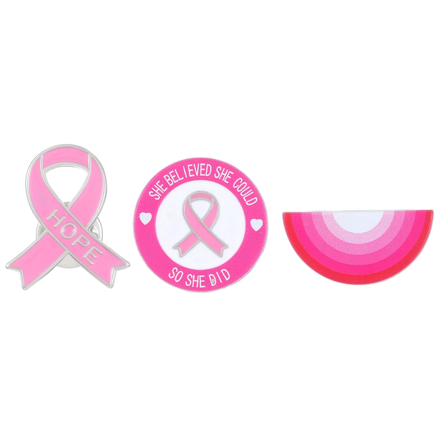 PBR098, 3 Pieces "She Believed She Could So She Did" Hope Pink Ribbon Breast Cancer Awareness Enamel Brooch Lapel Pin Badge