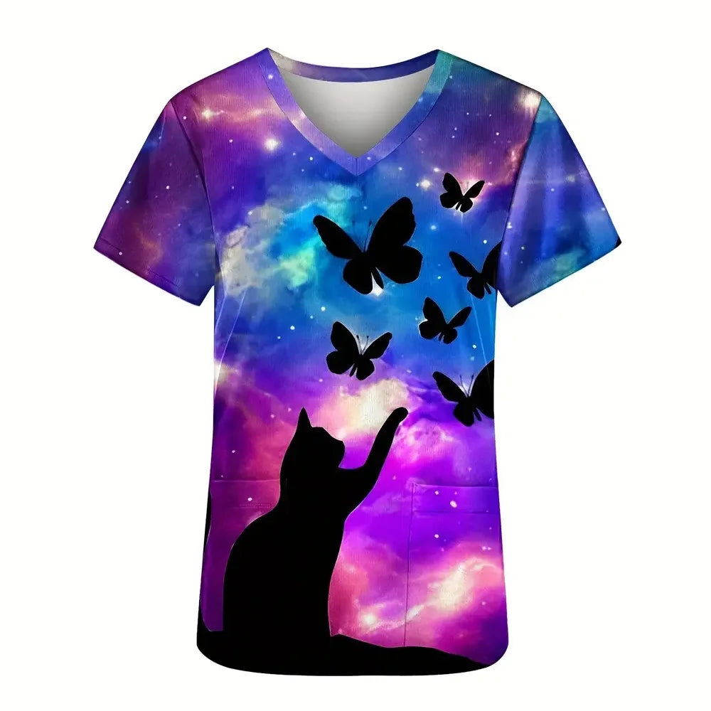 Scrub Medical Woman Elegant Butterfly Print Health Care Nursing V-Neck Short Sleeve Patch Pocket Tops Medical Uniform for Women