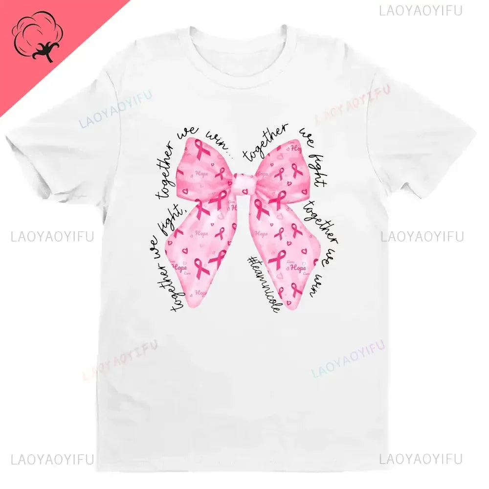 Breast Cancer Awareness Fight Print T Shirt in October We Wear Pink Awareness Ribbon Aesthetic Clothes Pink and White Tops Shirt