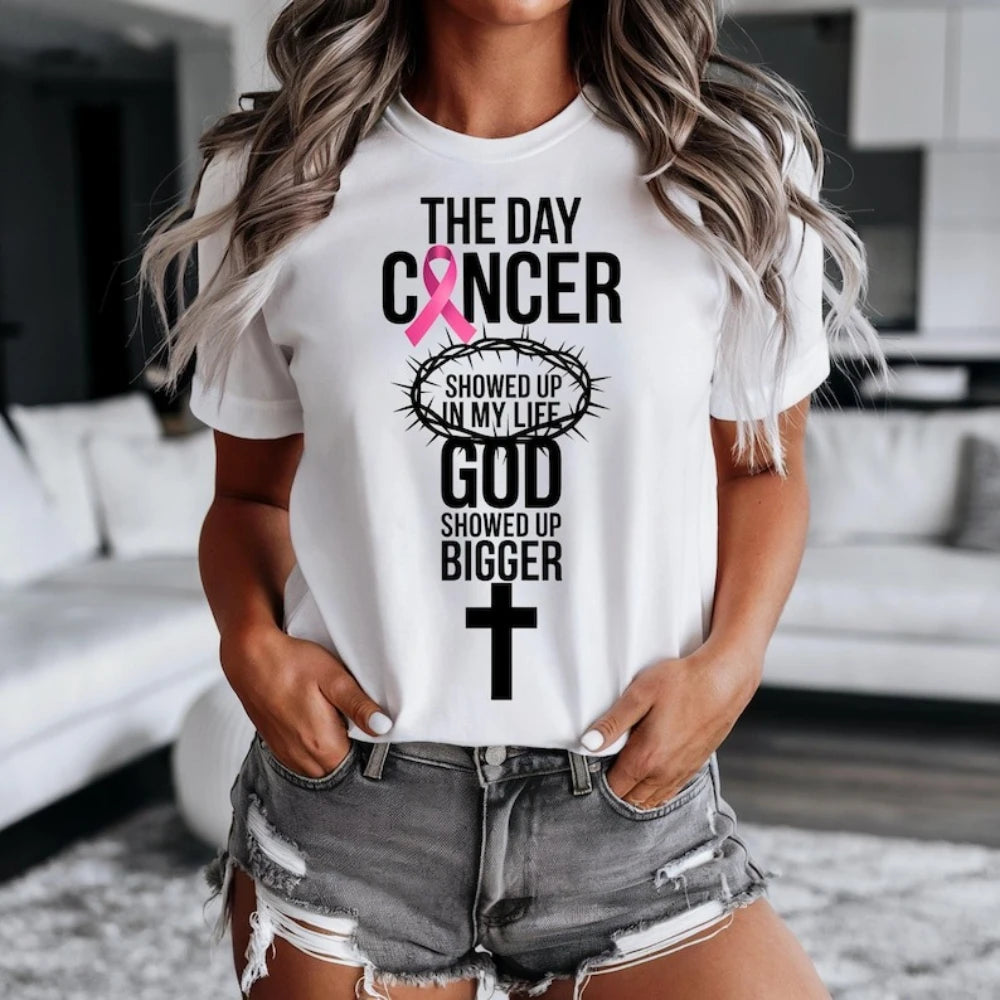 the GOD SHOWED UP - Breast Cancer Awareness Women Shirt, Breast Cancer Awareness God Showed Up Bigger Christian Quote T-Shirts Tops