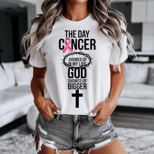 the GOD SHOWED UP - Breast Cancer Awareness Women Shirt, Breast Cancer Awareness God Showed Up Bigger Christian Quote T-Shirts Tops
